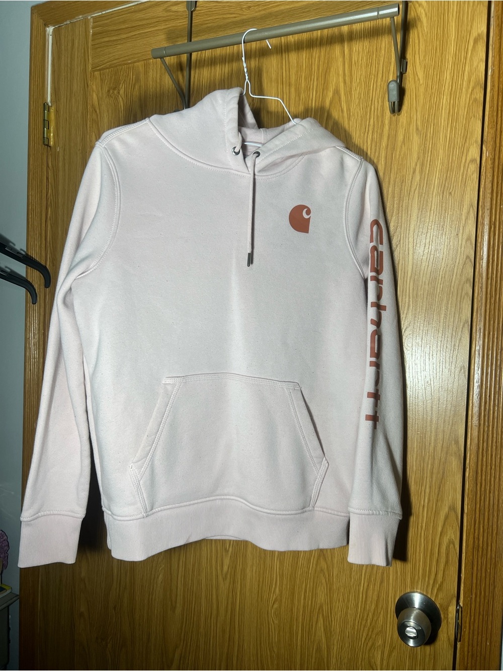 Carhartt Light Pink Hoodie with Rust Logo